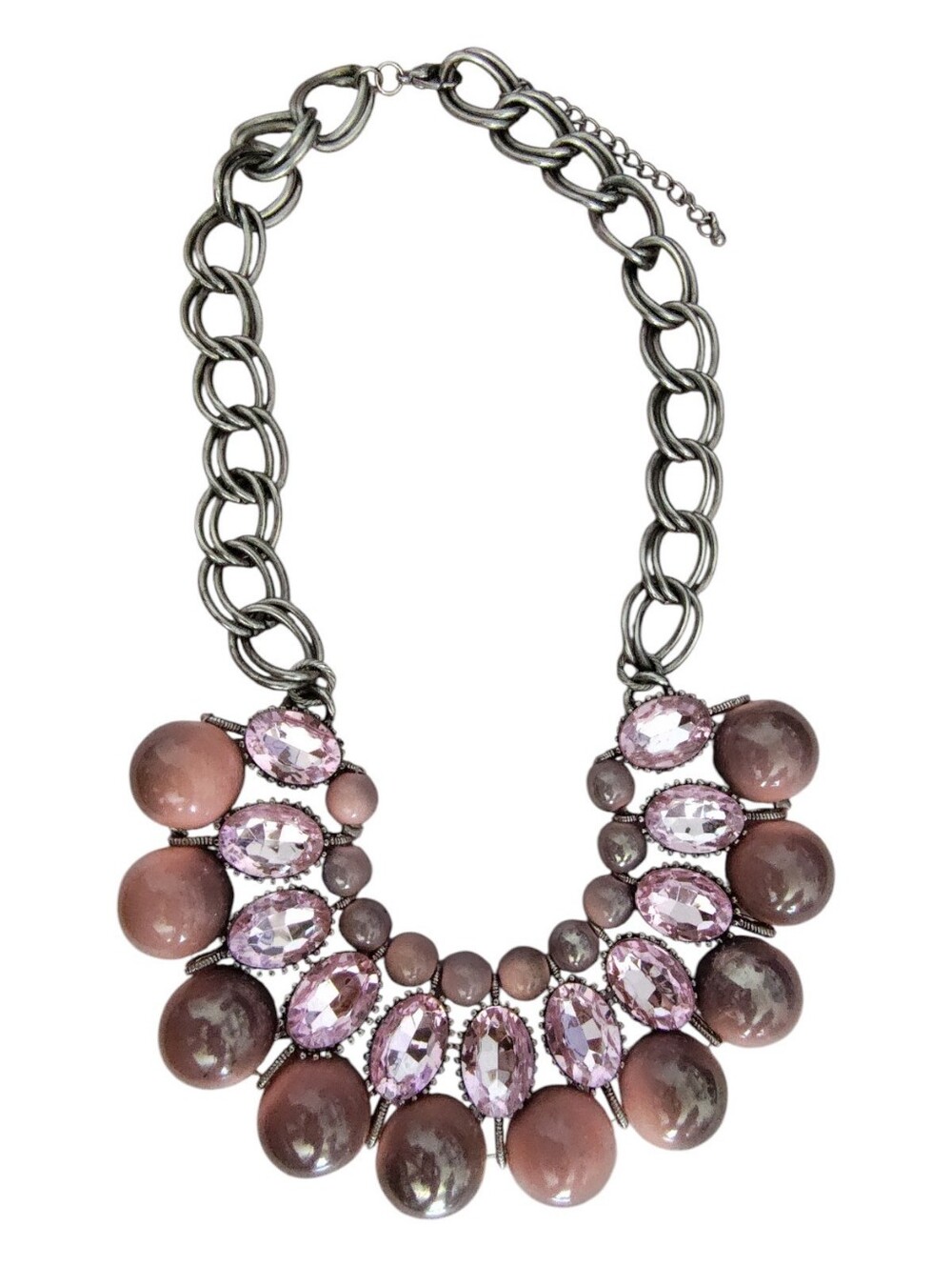 Pink Rhinestone Statement Necklace Silver Tone Chunky Bib Necklace